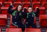 30 March 2016; Rachel, age 11, and Shane McCabe, age 9, from Bessbrook armagh, siblings of Armagh captain, Greg McCabe, pictured ahead of the game. EirGrid Ulster GAA Football U21 Championship, Semi-Final, Monaghan v Armagh, Pairc Esler, Newry, Co. Down. Picture credit: David Fitzgerald / SPORTSFILE