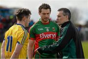 27 March 2016; Referee Maurice Deegan speaks to team captains, Ciaran Murtagh, left, Roscommon and Tom Parsons, Mayo. Allianz Football League Division 1 Round 6, Roscommon v Mayo. Dr Hyde Park, Roscommon.  Picture credit: Brendan Moran / SPORTSFILE