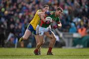 27 March 2016; Seamus O'Shea, Mayo, in action against Fintan Cregg, Roscommon. Allianz Football League Division 1 Round 6, Roscommon v Mayo. Dr Hyde Park, Roscommon.   Picture credit: Brendan Moran / SPORTSFILE