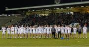 16 March 2016; Tyrone standing for the anthem. EirGrid Ulster GAA Football U21 Championship, Quarter-Final, Cavan v Tyrone, Kingspan Breffni Park, Cavan. Picture credit: Oliver McVeigh / SPORTSFILE