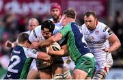 1 April 2016; Franco van der Merwe, Ulster, is tackled by Peter Robb, left, and Tom McCartney, Connacht. Guinness PRO12 Round 19, Ulster v  Connacht. Kingspan Stadium, Ravenhill Park, Belfast. Picture credit: Ramsey Cardy / SPORTSFILE