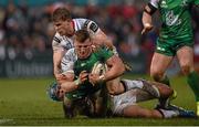1 April 2016; Peter Robb, Connacht,is tackled by Andrew Trimble, Ulster near the try line. Guinness PRO12 Round 19, Ulster v  Connacht. Kingspan Stadium, Ravenhill Park, Belfast. Picture credit: Oliver McVeigh / SPORTSFILE