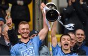 2 April 2016; Dublin joint captains Andrew Foley, left, and Eoin Murchan lift the cup. EirGrid Leinster GAA Football U21 Championship Final, Dublin v Kildare. Páirc Táilteann, Navan, Co. Meath. Photo by Sportsfile