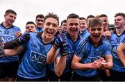 2 April 2016; Dublin players, from left, Jack Mullins, Tony O'Sullivan, and Sean McMahon, celebrate after the game. EirGrid Leinster GAA Football U21 Championship Final, Dublin v Kildare. Páirc Táilteann, Navan, Co. Meath.  Photo by Sportsfile