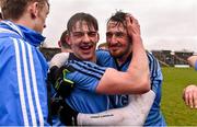 2 April 2016; Dublin players Sean McMahon, left, and Killian Deeley, celebrate after the game. EirGrid Leinster GAA Football U21 Championship Final, Dublin v Kildare. Páirc Táilteann, Navan, Co. Meath.  Photo by Sportsfile