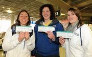 31 March 2010; Dublin footballers, from left, Denise Masterson, Cliodhna O'Connor and Sinead Aherne in Dublin Airport prior to departure for San Francisco ahead of the TG4 O'Neill's Ladies Football All-Stars Tour. Dublin Airport, Dublin. Picture credit: Brendan Moran / SPORTSFILE