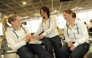 31 March 2010; Galway footballers, from left, Una Carroll, Anne Marie McDonagh and Rebecca McPhilbin in Dublin Airport prior to departure for San Francisco ahead of the TG4 O'Neill's Ladies Football All-Stars Tour. Dublin Airport, Dublin. Picture credit: Brendan Moran / SPORTSFILE