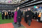 20 March 2010; President Mary McAleese is accompanied by IRFU President John Callaghan, as they stand for the presidential salute, before being introduced to the teams before the game. RBS Six Nations Rugby Championship, Ireland v Scotland, Croke Park, Dublin. Picture credit: Brendan Moran / SPORTSFILE