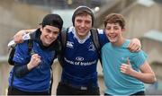 2 April 2016; Leinster supporters, from left, David Norton, age 16,  Chris Markham, age 16, and Jamie Duff, age 16, all from Ashbourn, Co. Meath, ahead of the Guinness PRO12 round 19 clash between Leinster and Munster at the Aviva Stadium, Lansdown Road, Dublin Picture credit: Cody Glenn / SPORTSFILE