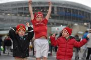 2 April 2016; Munster supporters, from left, Josh, age 5, Sam, age 7, and Ben Barry, age 6, from Innishannon, Co. Cork, ahead of the Guinness PRO12 round 19 clash between Leinster and Munster at the Aviva Stadium, Lansdown Road, Dublin Picture credit: Cody Glenn / SPORTSFILE