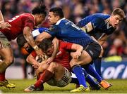 2 April 2016; Ian Keatley, Munster, is tackled by Fergus McFadden, left, and Ben Te'o, Leinster. Guinness PRO12 Round 19, Leinster v Munster. Aviva Stadium, Lansdowne Road, Dublin.  Picture credit: Ramsey Cardy / SPORTSFILE