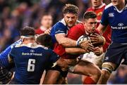 2 April 2016; Ian Keatley, Munster, is tackled by Leinster players, from left, Rhys Ruddock, Garry Ringrose and Jamie Heaslip. Guinness PRO12 Round 19, Leinster v Munster. Aviva Stadium, Lansdowne Road, Dublin.  Picture credit: Ramsey Cardy / SPORTSFILE