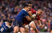 2 April 2016; Simon Zebo, Munster, is tackled by Ben Te'o, right, and Rhys Ruddock, Leinster. Guinness PRO12 Round 19, Leinster v Munster. Aviva Stadium, Lansdowne Road, Dublin.  Picture credit: Ramsey Cardy / SPORTSFILE