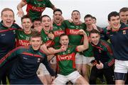 2 April 2016; The Mayo players celebrate after the final whistle. EirGrid Connacht GAA Football U21 Championship Final. Markievicz Park, Sligo.  Picture credit: Oliver McVeigh / SPORTSFILE