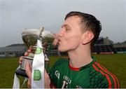 2 April 2016; Michael Plunkett, Mayo, who kicked the winning point, kisses the JJ Fahey cup after the game. EirGrid Connacht GAA Football U21 Championship Final. Markievicz Park, Sligo.  Picture credit: Oliver McVeigh / SPORTSFILE