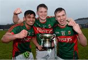 2 April 2016; Mayo's, from left to right, Shairoze Adram, Stephen Coen and Michael Plunkett celebrate after the game. EirGrid Connacht GAA Football U21 Championship Final. Markievicz Park, Sligo. Picture credit: Oliver McVeigh / SPORTSFILE
