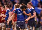 2 April 2016; Leinster captain Isa Nacewa kisses the Leinster crest on his jersey after the final whistle. Guinness PRO12 Round 19, Leinster v Munster. Aviva Stadium, Dublin.  Picture credit: Brendan Moran / SPORTSFILE