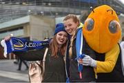 2 April 2016; Leinster supporters Ciara Morris, age 16, left, and Leah Byrne, age 15, from Greenhouse, Co. Dublin, with Buzz, the Georgia Tech mascot, ahead of the Guinness PRO12 round 19 clash between Leinster and Munster at the Aviva Stadium, Lansdown Road, Dublin Picture credit: Cody Glenn / SPORTSFILE
