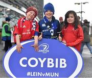2 April 2016; Leinster and Munster supporters, from left, Liam English, age 6, Sam O'Mahony, and Emma O'Mahony, age 6, from Middleton, Co. Cork, ahead of the Guinness PRO12 round 19 clash between Leinster and Munster at the Aviva Stadium, Lansdown Road, Dublin Picture credit: Cody Glenn / SPORTSFILE