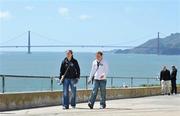 5 April 2010; Footballers Louise Henchy, left, and Patrice Dennehy, Kerry, walk by a view of the Golden Gate bridge on a visit to Alcatraz Island Federal Penitentiary. TG4 Ladies Football All-Star Tour, San Francisco, California, USA. Picture credit: Brendan Moran / SPORTSFILE
