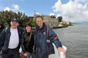 5 April 2010; Cork manager Eamonn Ryan, left, Tyrone footballer Eilish Gormley and selector Robbie Griffin, from Kerry, on a ferry during a visit to Alcatraz Island Federal Penitentiary. TG4 Ladies Football All-Star Tour, San Francisco, California, USA. Picture credit: Brendan Moran / SPORTSFILE