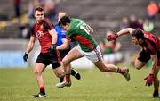 3 April 2016; Jason Doherty, Mayo, in action against Gerard Collins, left, and David McKibbin, Down. Allianz Football League Division 1 Round 7, Mayo v Down. Elverys MacHale Park, Castlebar, Co. Mayo. Picture credit: David Maher / SPORTSFILE