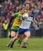 3 April 2016; Dermot Malone, Monaghan, in action against Hugh McFadden, Donegal. Allianz Football League Division 1, Round 7, Monaghan v Donegal. St Mary's Park, Castleblayney, Co. Monaghan. Picture credit: Philip Fitzpatrick / SPORTSFILE