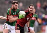3 April 2016; Aidan O'Shea, Mayo, in action against Gerard Collins, left and Conaill McGovern, Down. Allianz Football League Division 1 Round 7, Mayo v Down. Elverys MacHale Park, Castlebar, Co. Mayo. Picture credit: David Maher / SPORTSFILE
