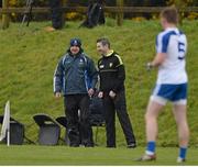 3 April 2016; Monaghan manager Malachy O'Rourke, and Donegal manager Rory Gallagher share a joke during the first half. Allianz Football League Division 1, Round 7, Monaghan v Donegal. St Mary's Park, Castleblayney, Co. Monaghan. Picture credit: Dáire Brennan / SPORTSFILE