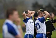 3 April 2016; Monaghan's Dick Clerkin and Paul Finlay waiting for the final whistle. Allianz Football League Division 1 Round 7, Monaghan v Donegal. St Mary's Park, Castleblayney, Co. Monaghan. Picture credit: Philip Fitzpatrick / SPORTSFILE