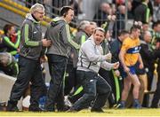 3 April 2016; Clare manager Davy Fitzgerald celebrates alongside selectors Louis Mulqueen and Michael Browne at the final whistle after victory over Tipperary. Allianz Hurling League Division 1 Quarter-Final, Clare v Tipperary. Cusack Park, Ennis, Co. Clare. Picture credit: Diarmuid Greene / SPORTSFILE