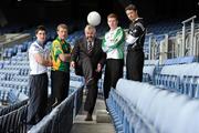 6 April 2010; Albert Fallon, Cathaoirleacht, Comhairle Iarbhunscoileanna, with, from left, Niall McParland, St. Colmans, Newry, Co. Down, and Chris O'Leary, St. Brendan's, Killarney, Co. Kerry, who will meet in the Vocational Colleges A Football Final, alongside Ciaran McLane, St. Malachy's, Castlewellan, Co. Down, and Cillian Cullinane, Clonkilty, Co. Cork, who will meet in the Vocational Schools A Football Final, at the launch of the All-Ireland Vocational Schools and Colleges A Football Finals which will take place on the 10th April in Croke Park. Croke Park, Dublin. Picture credit: Pat Murphy / SPORTSFILE