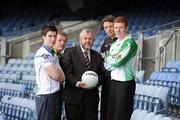 6 April 2010; Albert Fallon, Cathaoirleacht, Comhairle Iarbhunscoileanna, with, from left, Niall McParland, St. Colmans, Newry, Co. Down, and Chris O'Leary, St. Brendan's, Killarney, Co. Kerry, who will meet in the Vocational Colleges A Football Final, alongside Ciaran McLane, St. Malachy's, Castlewellan, Co. Down, and Cillian Cullinane, Clonkilty, Co. Cork, who will meet in the Vocational Schools A Football Final, at the launch of the All-Ireland Vocational Schools and Colleges A Football Finals which will take place on the 10th April in Croke Park. Croke Park, Dublin. Picture credit: Pat Murphy / SPORTSFILE