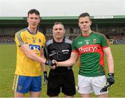 2 April 2016; Referee James Molloy with Taghd O'Rourke, Roscommon captain, left, and Stephen Coen, Mayo captain, right. EirGrid Connacht GAA Football U21 Championship Final. Markievicz Park, Sligo.  Picture credit: Oliver McVeigh / SPORTSFILE