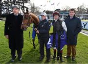 6 April 2016; Jockey Pat Smullen with trainer Dermot Weld, left, Malachi Ryan, right, and Va Pensiero after winning the Godolphin Student Initiative Handicap. Leopardstown, Co. Dublin. Picture credit: Cody Glenn / SPORTSFILE