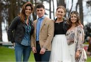 6 April 2016; &quot;Winner Alright&quot; Celebrity Judge model/TV presenter Glenda Gilson, left, and fashion blogger Lauren Arthurs, right, from Love Lauren present winners Thomas O'Brien, from Firhouse, Co. Dublin, and Florence Sherry, from Lusk, Co. Dublin, of the Only & Only & Sons Best Dressed Girl and Guy Competition. The Best Dressed Guy and Girl were presented with vouchers of 5000 euro each at the SPIN1038 Student Raceday at Leopardstown. Over 10,000 students attended the Foxrock venue to enjoy one of the biggest student events in the country. Leopardstown, Co. Dublin. Picture credit: Cody Glenn / SPORTSFILE