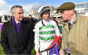 6 April 2016; Jockey Kevin Manning talks with trainer Jim Bolger, left, and stud manager Julian Lloyd after winning the Irish Stallion Farms European Breeders Fund Noblesse Stakes on Altesse. Leopardstown, Co. Dublin. Picture credit: Cody Glenn / SPORTSFILE