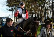 6 April 2016; Jockey Chris Hayes enters the parade ring on Beechmount Whisper after winning the 'Colours Bar' Handicap. Leopardstown, Co. Dublin. Picture credit: Cody Glenn / SPORTSFILE