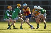 6 April 2016; Conor Tierney, Clare, in action against Darragh Carroll, Cal McCarthy, and Josh Adams, Limerick. Electric Ireland Munster GAA Hurling Minor Championship, Quarter-Final, Limerick v Clare. Gaelic Grounds, Limerick. Picture credit: Diarmuid Greene / SPORTSFILE