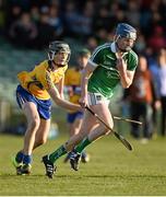 6 April 2016; Brian Nash, Limerick, in action against Sean O'Loughlin, Clare. Electric Ireland Munster GAA Hurling Minor Championship, Quarter-Final, Limerick v Clare. Gaelic Grounds, Limerick. Picture credit: Diarmuid Greene / SPORTSFILE