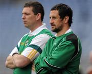 10 April 2010; Paul Galvin and the St Brendan's College manager Gary McGrath, left, watch the last few minutes of the game. All-Ireland Colleges A Football Final, St Brendan's College, Killarney v St Colman's, Newry. Croke Park, Dublin. Picture credit: Ray McManus / SPORTSFILE