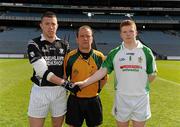 10 April 2010; Ciaran McClaen, right, St Malachy's Castlewellan, referee Eddie Kinsella and the Clonakilty CC captain Rory O'Sullivan before the game. All-Ireland Vocational Schools A Football Final, St Malachy's Castlewellan v Clonakilty CC, Croke Park, Dublin. Picture credit: Ray McManus / SPORTSFILE
