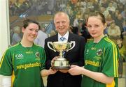 10 April 2010; Ashley Prendiville, left, and Maria Daly, right, Kerry, receive the Ladies Senior Doubles title from Tony Hannon, Handball President. GAA Handball 40x20 All-Ireland Senior ladies Doubles Final, Ashley Prendiville, and Maria Daly, Kerry v Marianna Rushe and Hilary Rushe, Roscommon.  Kingscourt, Cavan. Picture credit: Oliver McVeigh / SPORTSFILE
