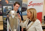 10 April 2010; Emer Costello, Lord Mayor of Dublin, with UCD player Evan McMillan at the 'Stars & Cups' event in Supermac's, O'Connell Street, Dublin on Saturday. Some of the biggest sports stars and cups in the country arrived in Supermac's for the fundraising event in aid of Alan Kerins Projects. For further information log on to www.AlanKerins.ie. Supermac's, O'Connell Street, Dublin. Photo by Sportsfile