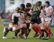 13 April 2010; BJ Botha, Ulster, in action against Jonathan Thomas and Huw Bennett, Ospreys. Celtic League, Ulster v Ospreys, Ravenhill Park, Belfast, Co. Antrim. Picture credit: Oliver McVeigh / SPORTSFILE