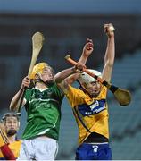 6 April 2016; Ross Hayes, Clare, in action against Cal McCarthy, Limerick. Electric Ireland Munster GAA Hurling Minor Championship, Quarter-Final, Limerick v Clare. Gaelic Grounds, Limerick. Picture credit: Diarmuid Greene / SPORTSFILE