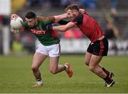 3 April 2016; Evan Regan, Mayo, in action against Darren O'Hagan, Down. Allianz Football League Division 1 Round 7, Mayo v Down. Elverys MacHale Park, Castlebar, Co. Mayo. Picture credit: David Maher / SPORTSFILE