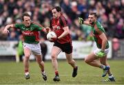 3 April 2016; Conaill McGovern, Down, in action against Alan Dillon, left, and Aidan O'Shea, Mayo. Allianz Football League Division 1 Round 7, Mayo v Down. Elverys MacHale Park, Castlebar, Co. Mayo. Picture credit: David Maher / SPORTSFILE