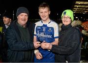 6 April 2016; Barry McGinn, Monaghan, with his Man of the Match Award, with father and mother Gerry and Veronica McGinn. EirGrid Ulster GAA Football U21 Championship Final, Monaghan v Tyrone, Athletic Grounds, Armagh. Picture credit: Oliver McVeigh / SPORTSFILE