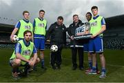 7 April 2016; Northern Ireland football legends Jim Magilton and Norman Whiteside, pictured alongside Andrew Dickson, Andrew Bingham, Andrew Doyle, Tom Brady and Joshua Moffett, at the launch of Red Bull Neymar Jr’s Five, a unique knockout 5 a side football tournament with a difference. This fun, fast-paced and technical game will give young local footballers, 16 to 25 years, the opportunity to put teams together to compete and represent Northern Ireland at the World Final in Brazil this summer http://www.neymarjrsfive.com/country/northern-ireland/. Also pictured are, from left  National Football Stadium, Belfast. Picture credit: Ramsey Cardy / SPORTSFILE